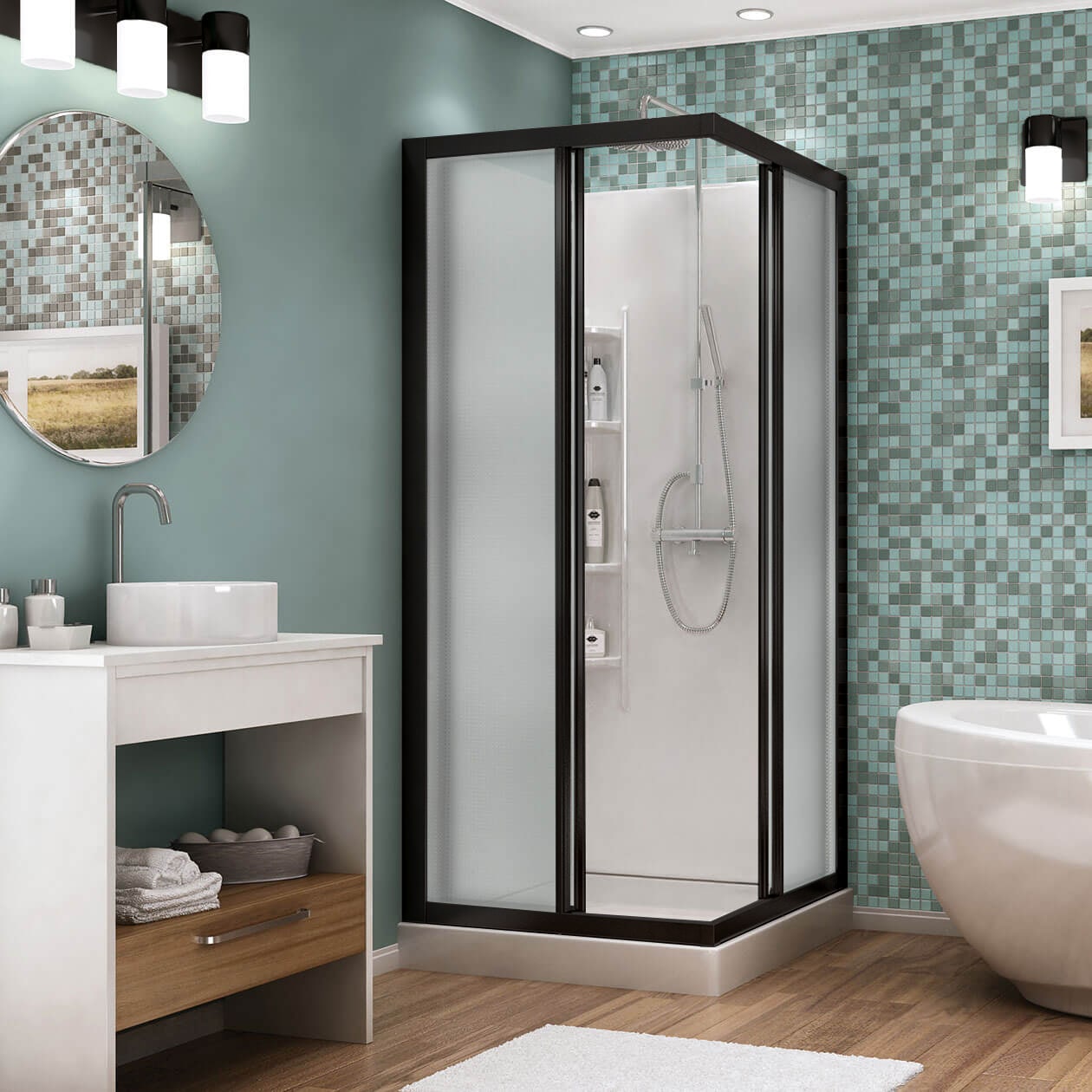 Mediterranean III 32 x 32 Polystyrene Center Drain Shower Kit in